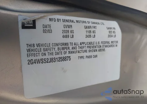 2003 Buick Century Custom from USA, damaged, VIN 2G4WS52J831258875